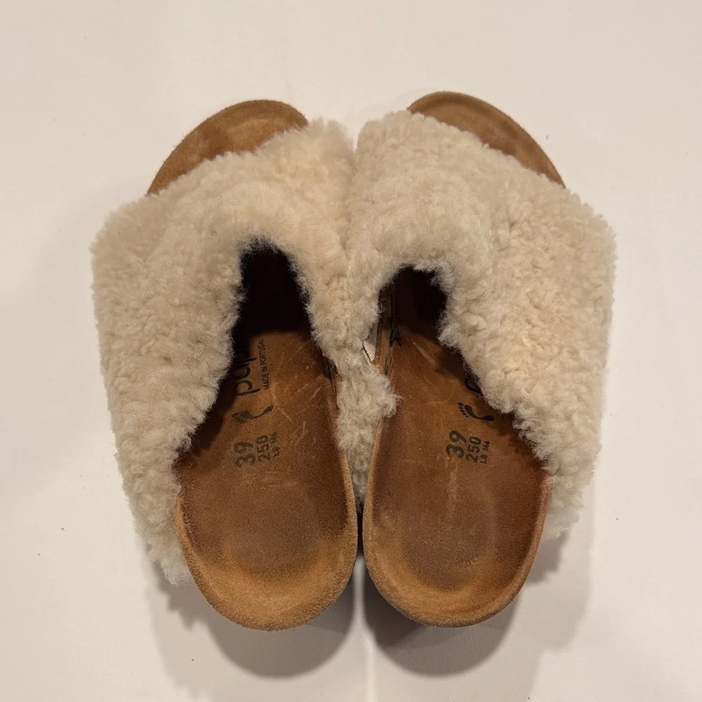Papillio Shearling Slide Sandals in Cream and Tan